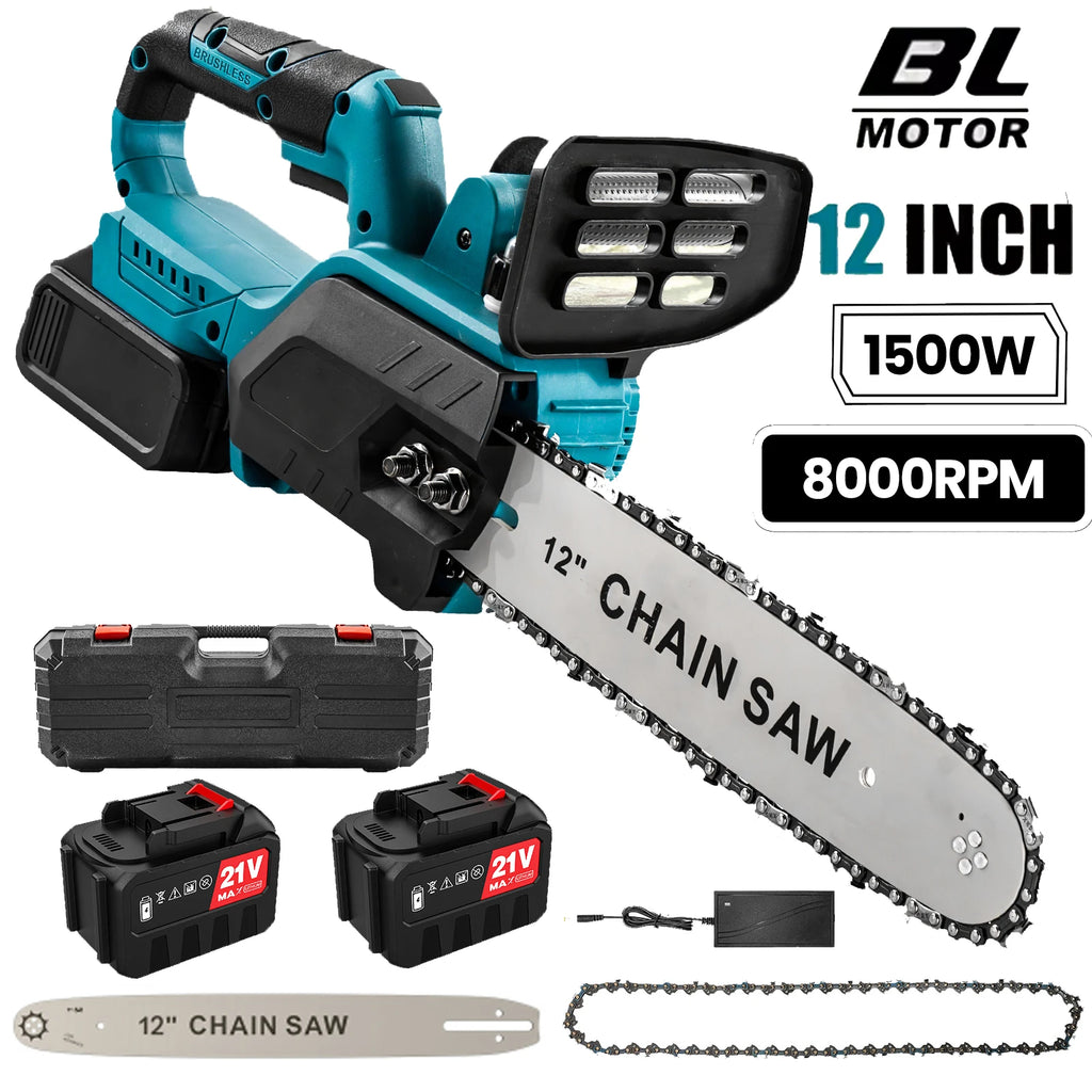 1500W Brushless 12Inch Electric Chainsaw Cordless Pruning Woodworking Power Tool Handheld Garden Cutter For Makita 18V Battery