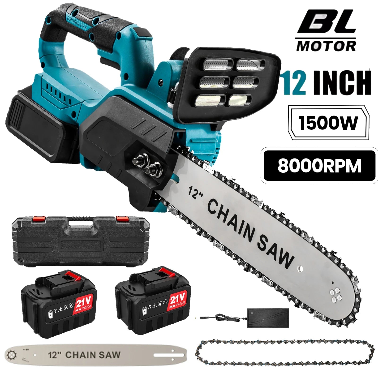 1500W Brushless 12Inch Electric Chainsaw Cordless Pruning Woodworking Power Tool Handheld Garden Cutter For Makita 18V Battery