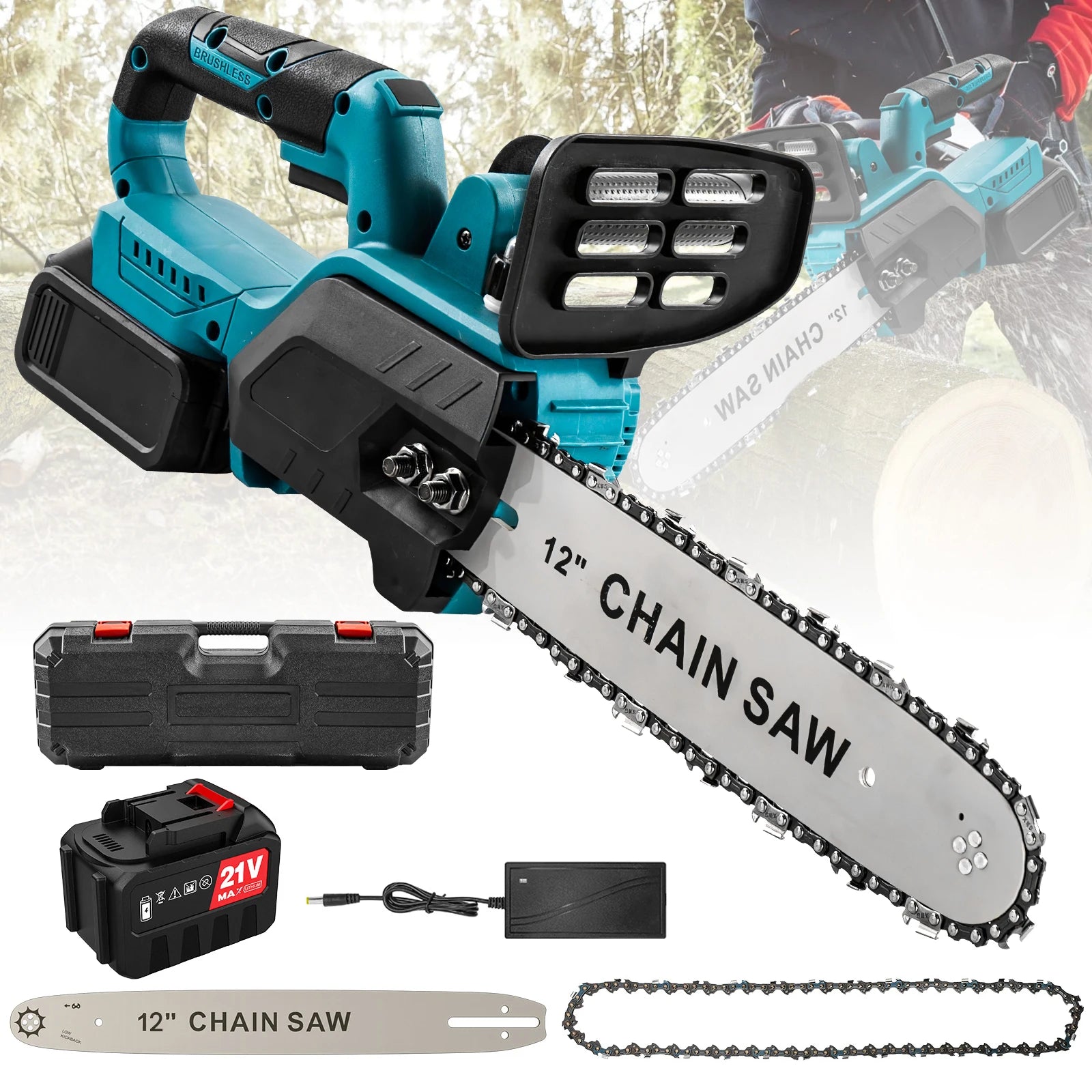 1500W Brushless 12Inch Electric Chainsaw Cordless Pruning Woodworking Power Tool Handheld Garden Cutter For Makita 18V Battery