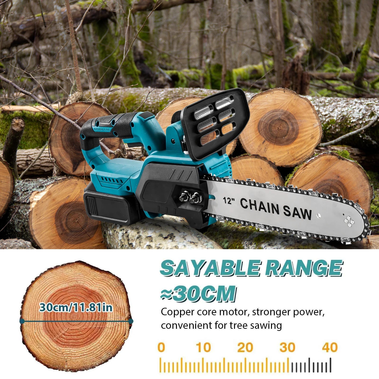 1500W Brushless 12Inch Electric Chainsaw Cordless Pruning Woodworking Power Tool Handheld Garden Cutter For Makita 18V Battery