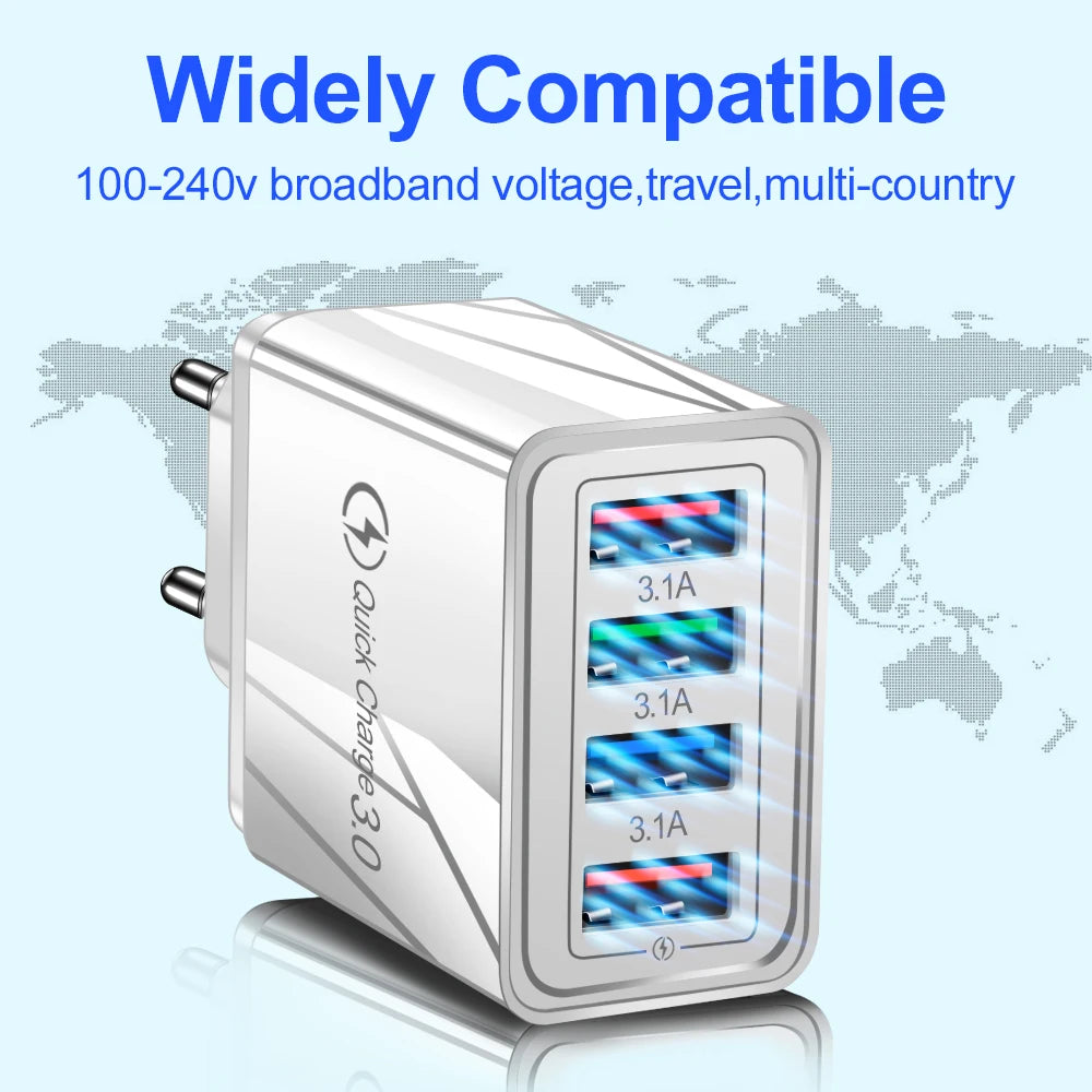 3A USB Charger 4 Port USB Quick Charge 3.0 EU US Plug Mobile Phone Charger Wall Adapter Portable Fast Charging For iPhone 16 Pro