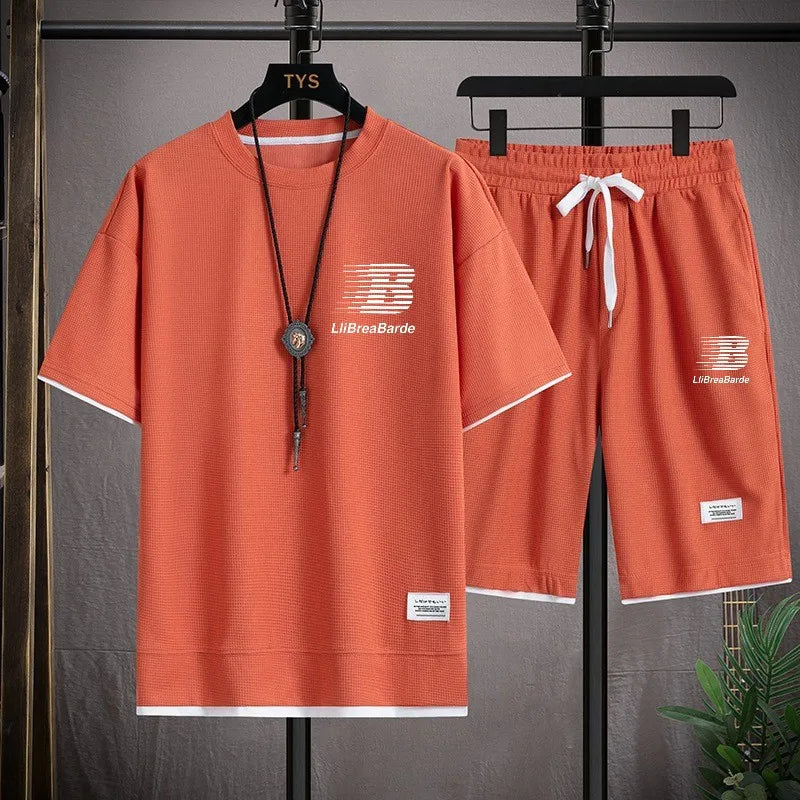 Summer Men Loose Tracksuit Set, Waffle Breathable T-shirt & Elastic Waist Shorts, Stylish Letter Print Daily Sport Outfit