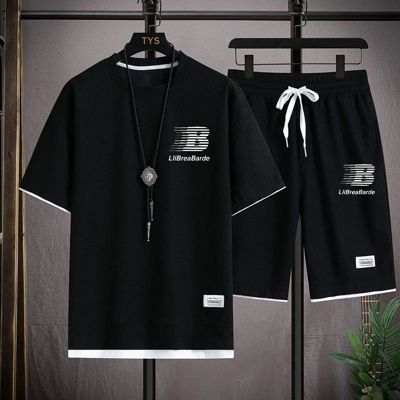 Summer Men Loose Tracksuit Set, Waffle Breathable T-shirt & Elastic Waist Shorts, Stylish Letter Print Daily Sport Outfit