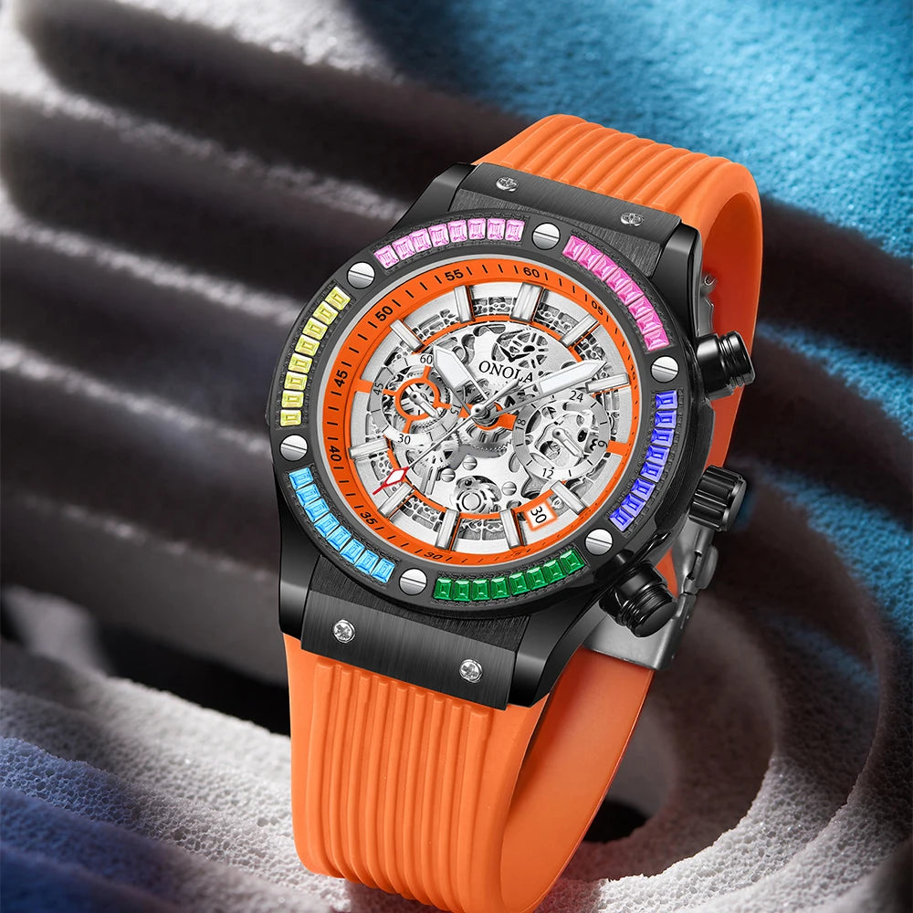 ONOLA Fashion Men's Watches Waterproof Rainbow Diamond Waterproof Date Sports Personalized Quartz Watch For Men