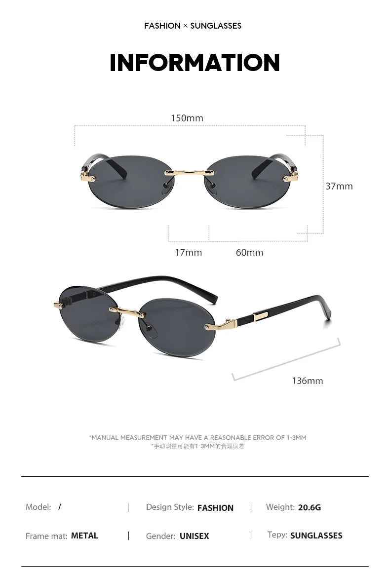 Popular Women Men Shades Oval Sun Glasses for Woman Man Summer Traveling UV400 Rimless Sunglasses Round Fashion Gafas De Sol