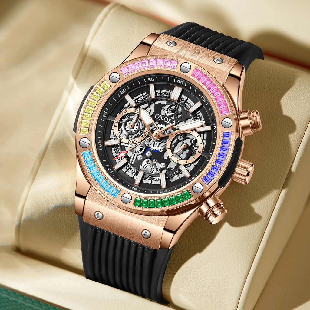 ONOLA Fashion Men's Watches Waterproof Rainbow Diamond Waterproof Date Sports Personalized Quartz Watch For Men