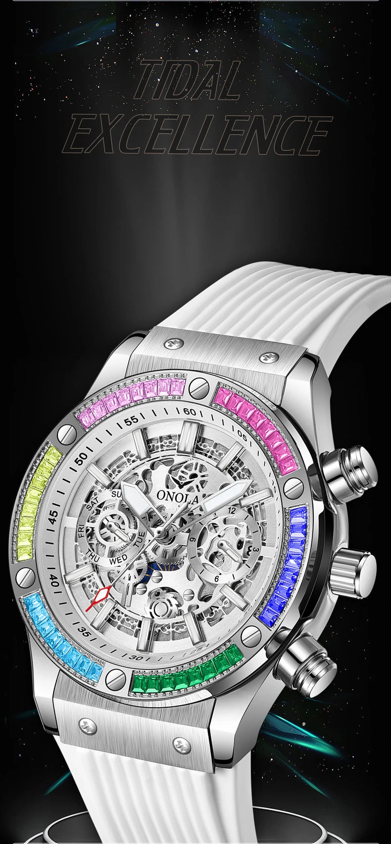 ONOLA Fashion Men's Watches Waterproof Rainbow Diamond Waterproof Date Sports Personalized Quartz Watch For Men