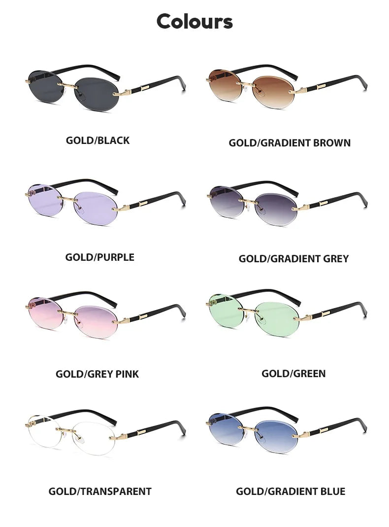 Popular Women Men Shades Oval Sun Glasses for Woman Man Summer Traveling UV400 Rimless Sunglasses Round Fashion Gafas De Sol