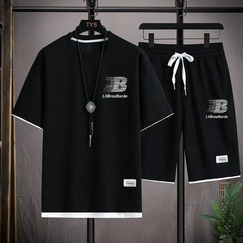 Summer Men Loose Tracksuit Set, Waffle Breathable T-shirt & Elastic Waist Shorts, Stylish Letter Print Daily Sport Outfit