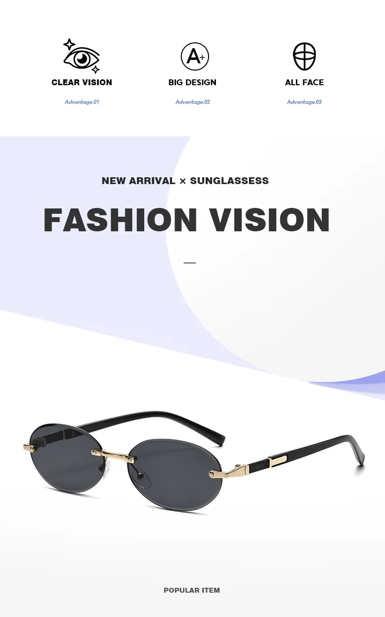 Popular Women Men Shades Oval Sun Glasses for Woman Man Summer Traveling UV400 Rimless Sunglasses Round Fashion Gafas De Sol