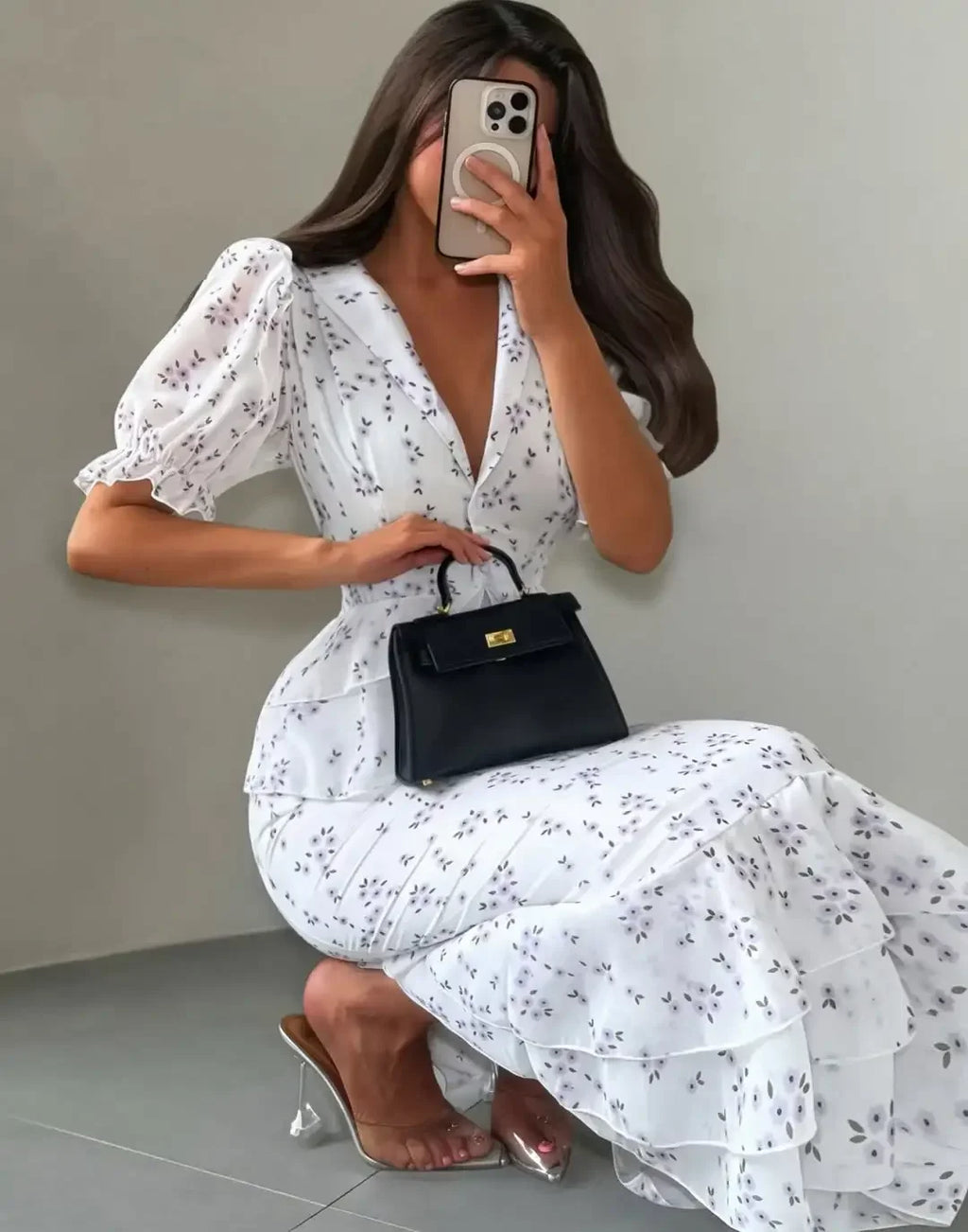 Women Elegant Printed V-neck Dress Chic Lapel Waist Cinched Pleated High Waisted Dresses 2026 Summer New Lady Vacation Gowns