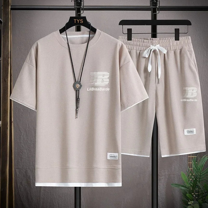 Summer Men Loose Tracksuit Set, Waffle Breathable T-shirt & Elastic Waist Shorts, Stylish Letter Print Daily Sport Outfit