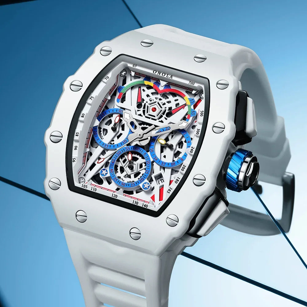 Watches for Man ONOLA 6827W Trend White Men Watch Waterproof Chronograph Quartz Wristwatch Sports Silicone Strap Reloj Hombre