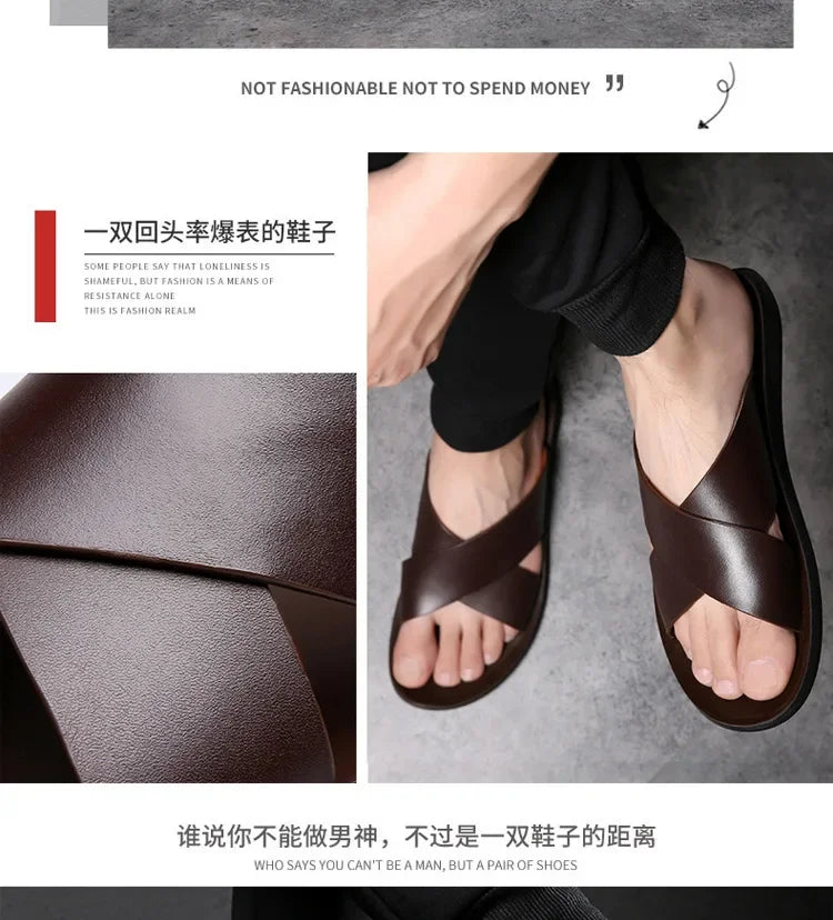 Sandals for Men Slippers Genuine Leather Luxury Brand Fashion  Men Flats Casual Non-slip Beach Sandalia Zapatos Hombre 2026