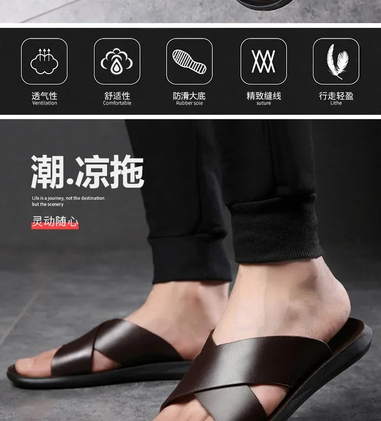 Sandals for Men Slippers Genuine Leather Luxury Brand Fashion  Men Flats Casual Non-slip Beach Sandalia Zapatos Hombre 2026