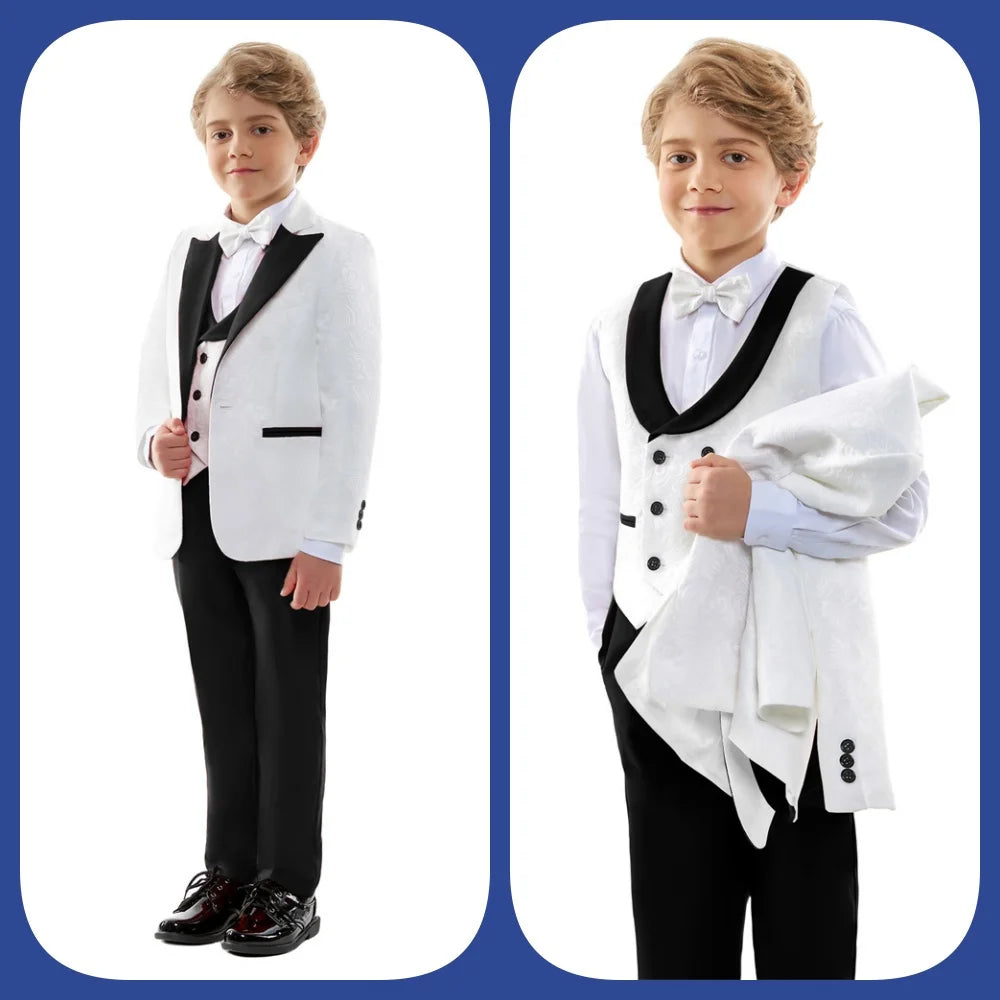 Handsome Linen Boys Suit 4-Piece Set with Floral Bow Tie 2026 Classic Formal Blazer Vest Pants for Ring Bearer Wedding Party