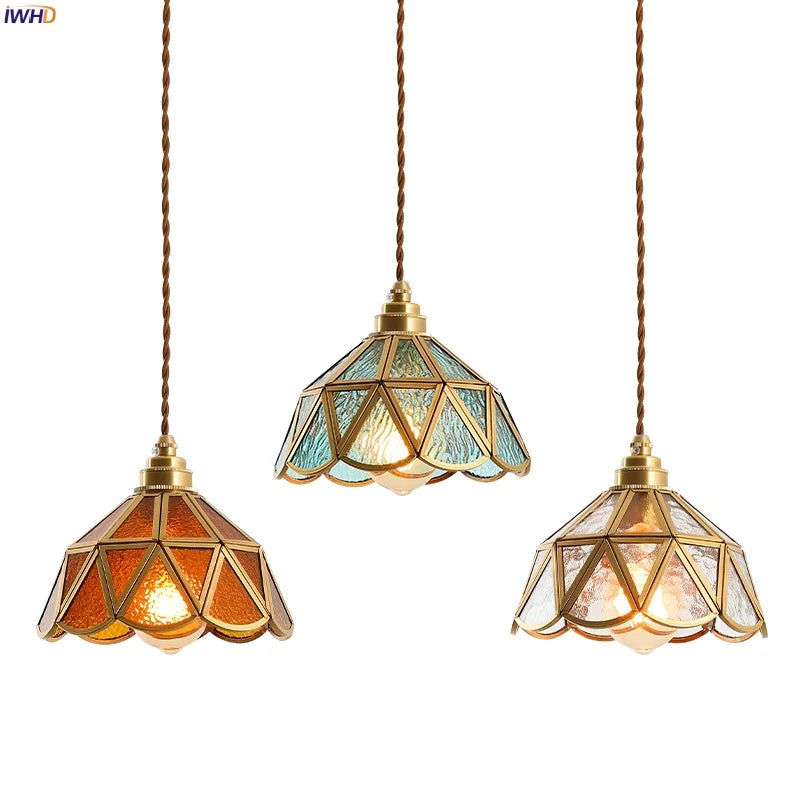 IWHD Nordic Colorful Glass LED Pendant Light Fixtures Cafe Loft Bedside Living Dining Room Bar Vintage Brass Hanglamp luminaire
