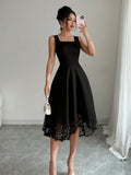 Minimalist Black Fit-and-Flare Dress Square Neck Sleeveless Laser Cut Lace Hem Casual Wedding Guest Dress