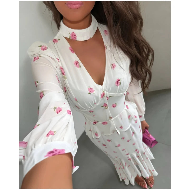 Women Elegant Printed V-neck Dress Chic Lapel Waist Cinched Pleated High Waisted Dresses 2026 Summer New Lady Vacation Gowns