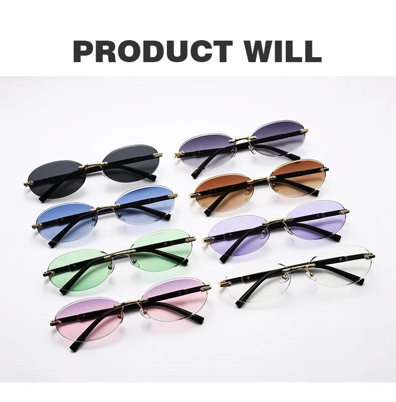 Popular Women Men Shades Oval Sun Glasses for Woman Man Summer Traveling UV400 Rimless Sunglasses Round Fashion Gafas De Sol