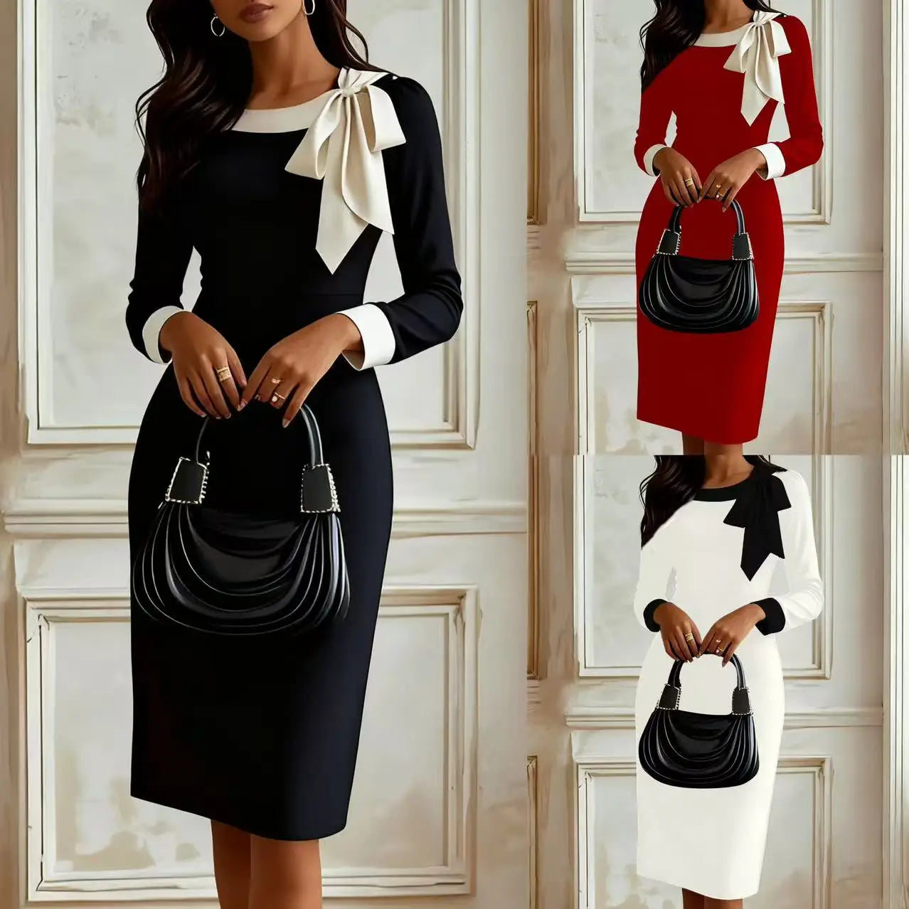 Autumn Professional Elegance Goddess Style Bow Tie Tailored Color-blocked Career Dress for Women