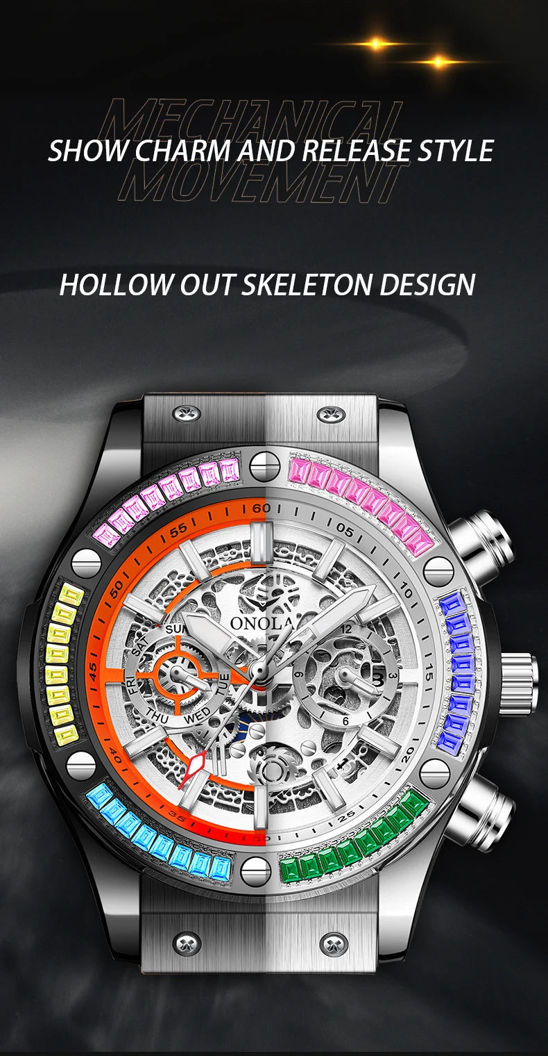 ONOLA Fashion Men's Watches Waterproof Rainbow Diamond Waterproof Date Sports Personalized Quartz Watch For Men