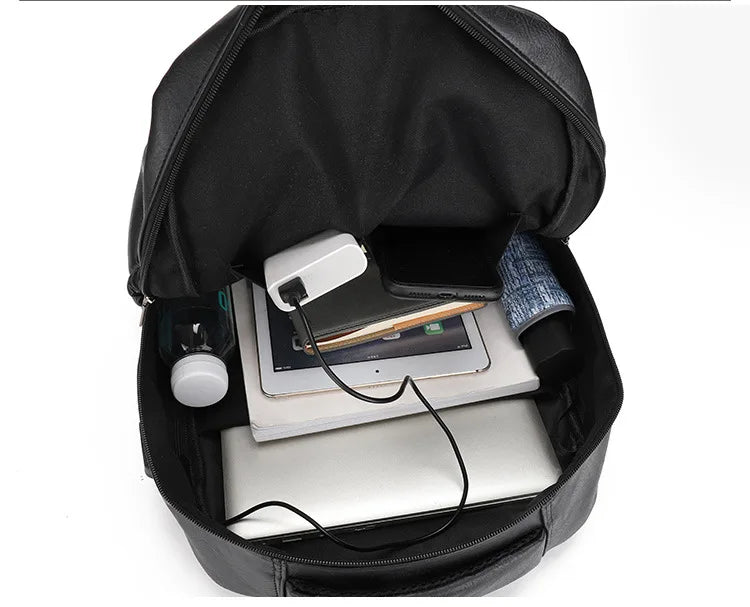 High Quality USB Charging Backpack Men PU Leather Bagpack Large Laptop Backpacks Male Mochilas Schoolbag For Teenagers Boys