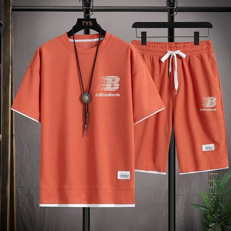 Summer Men Loose Tracksuit Set, Waffle Breathable T-shirt & Elastic Waist Shorts, Stylish Letter Print Daily Sport Outfit