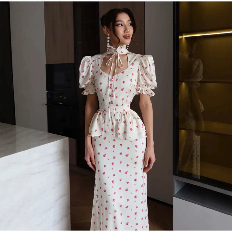 Women White Pink Floral Print Fishtail Skirt Set Chic V Neck Puff Sleeve Ruffle Button Crop Top Suit Elegant Lady Wedding Outfit