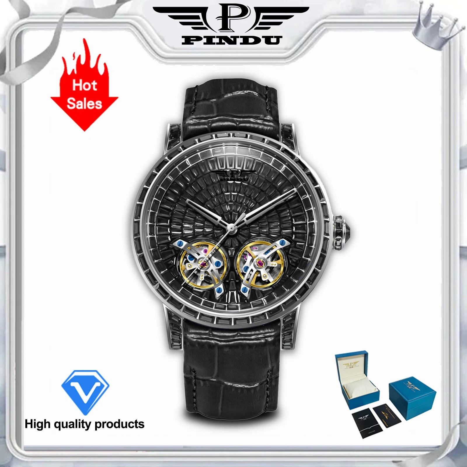 2026 PINDU Design New Double Flying Wheel Mechanical Watch Men Top Luxury Watch Sapphire Glass Waterproof Diamond Watch Leather