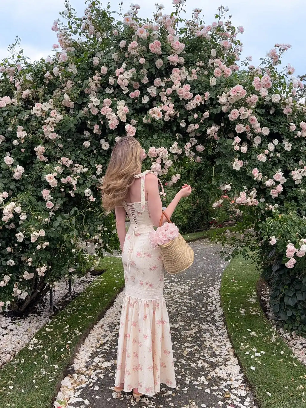 Women White Pink Floral Print Fishtail Skirt Set Chic V Neck Puff Sleeve Ruffle Button Crop Top Suit Elegant Lady Wedding Outfit