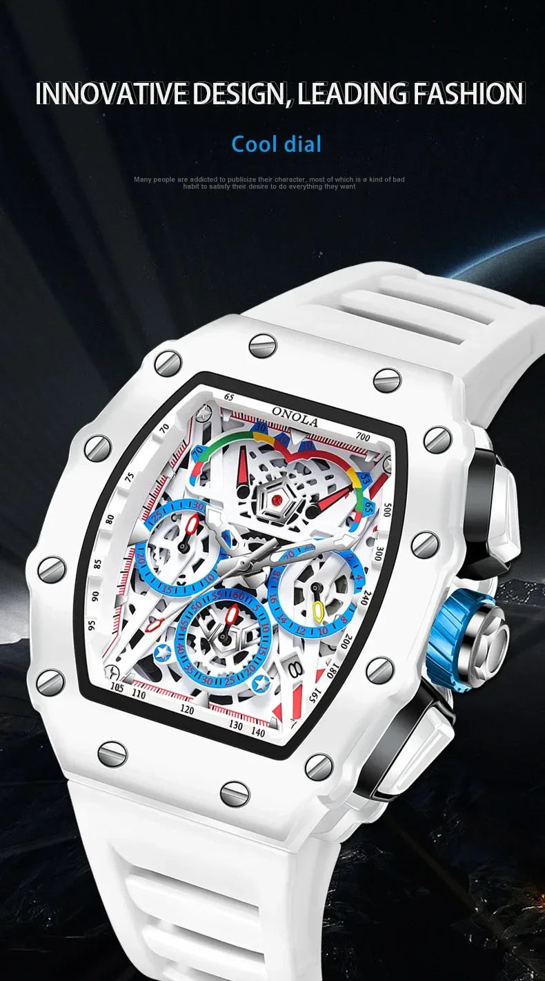 Watches for Man ONOLA 6827W Trend White Men Watch Waterproof Chronograph Quartz Wristwatch Sports Silicone Strap Reloj Hombre