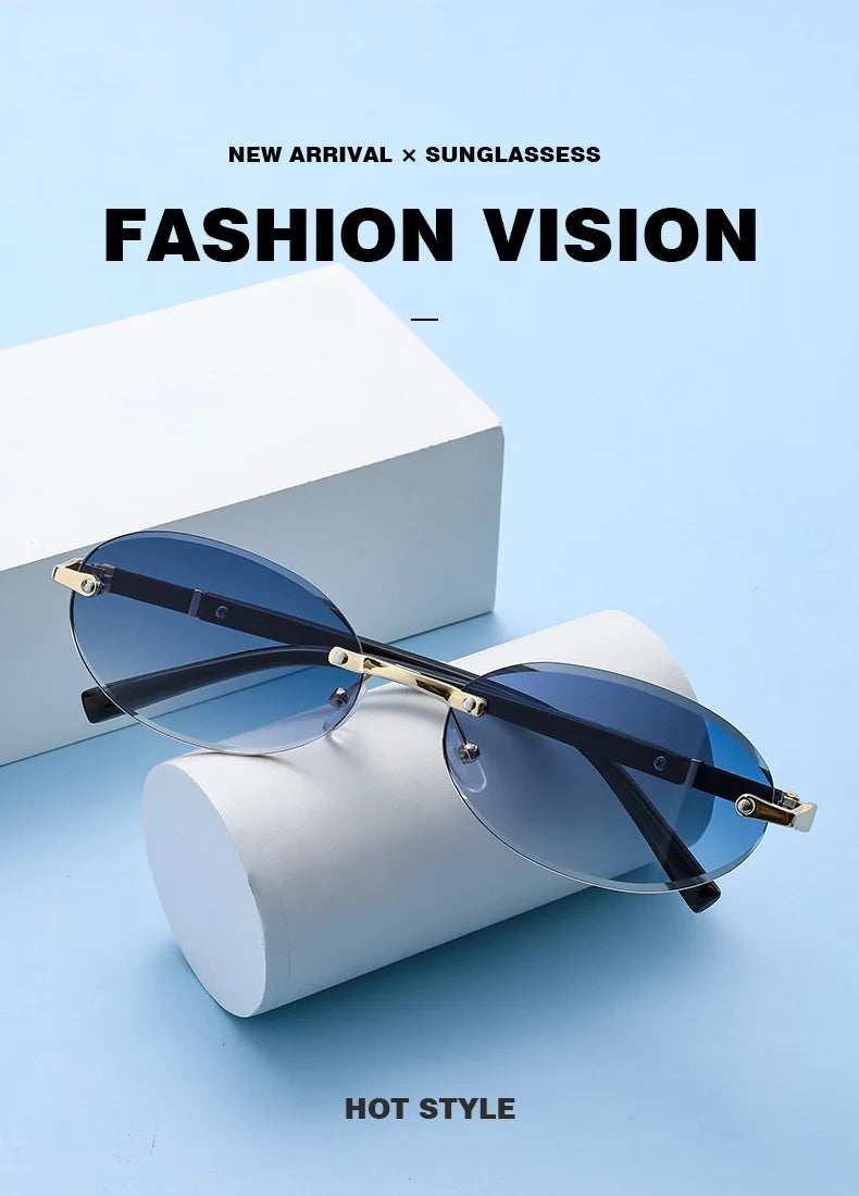 Popular Women Men Shades Oval Sun Glasses for Woman Man Summer Traveling UV400 Rimless Sunglasses Round Fashion Gafas De Sol