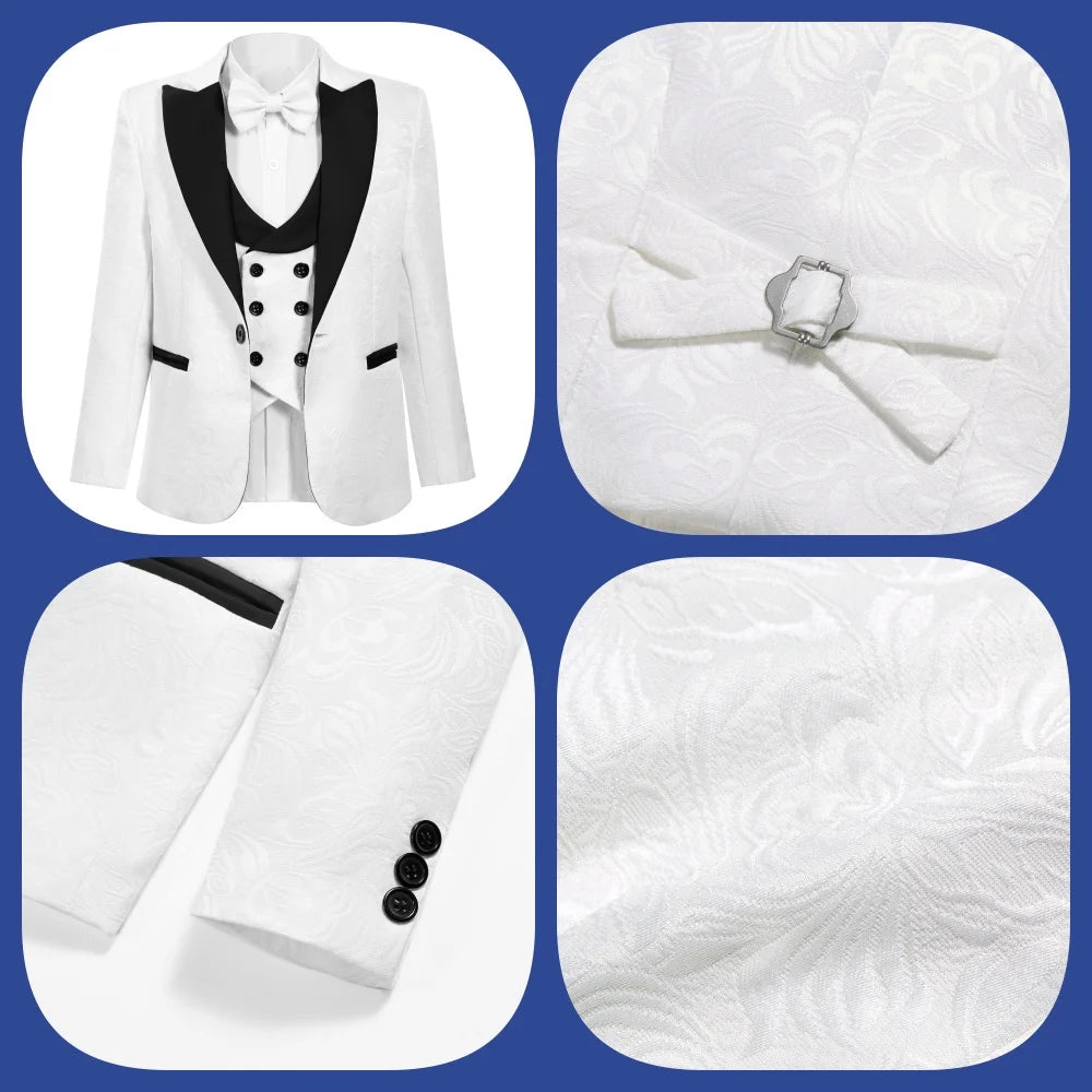 Handsome Linen Boys Suit 4-Piece Set with Floral Bow Tie 2026 Classic Formal Blazer Vest Pants for Ring Bearer Wedding Party