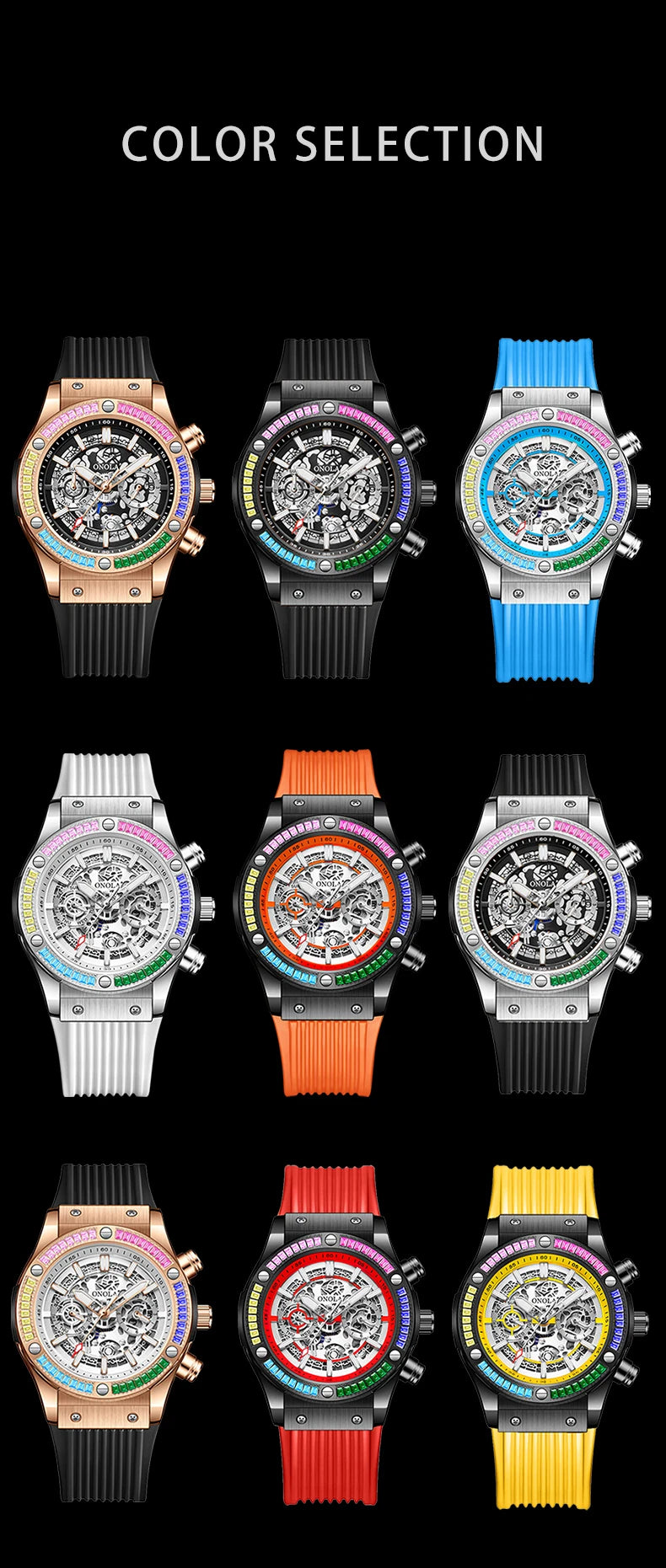 ONOLA Fashion Men's Watches Waterproof Rainbow Diamond Waterproof Date Sports Personalized Quartz Watch For Men