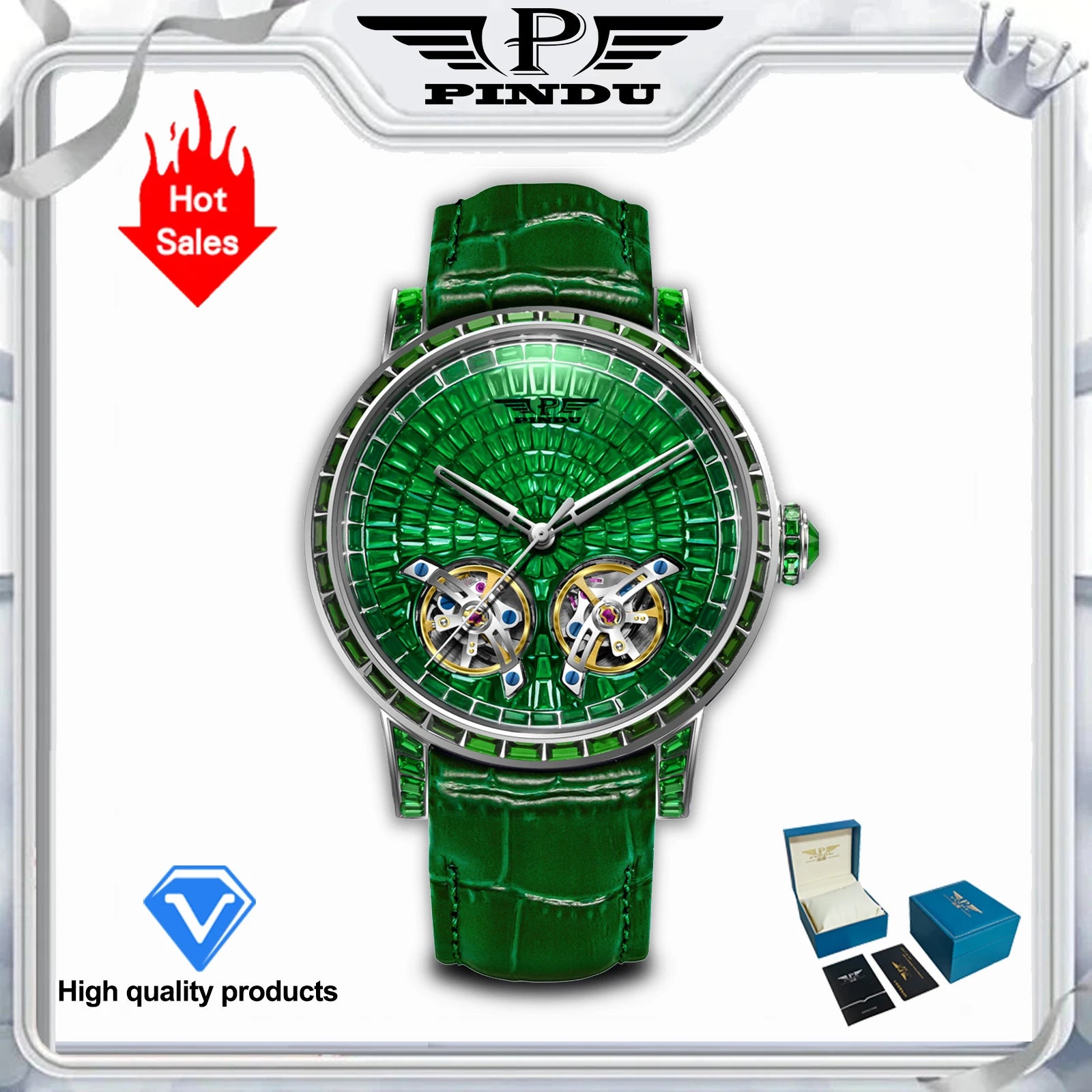 2026 PINDU Design New Double Flying Wheel Mechanical Watch Men Top Luxury Watch Sapphire Glass Waterproof Diamond Watch Leather
