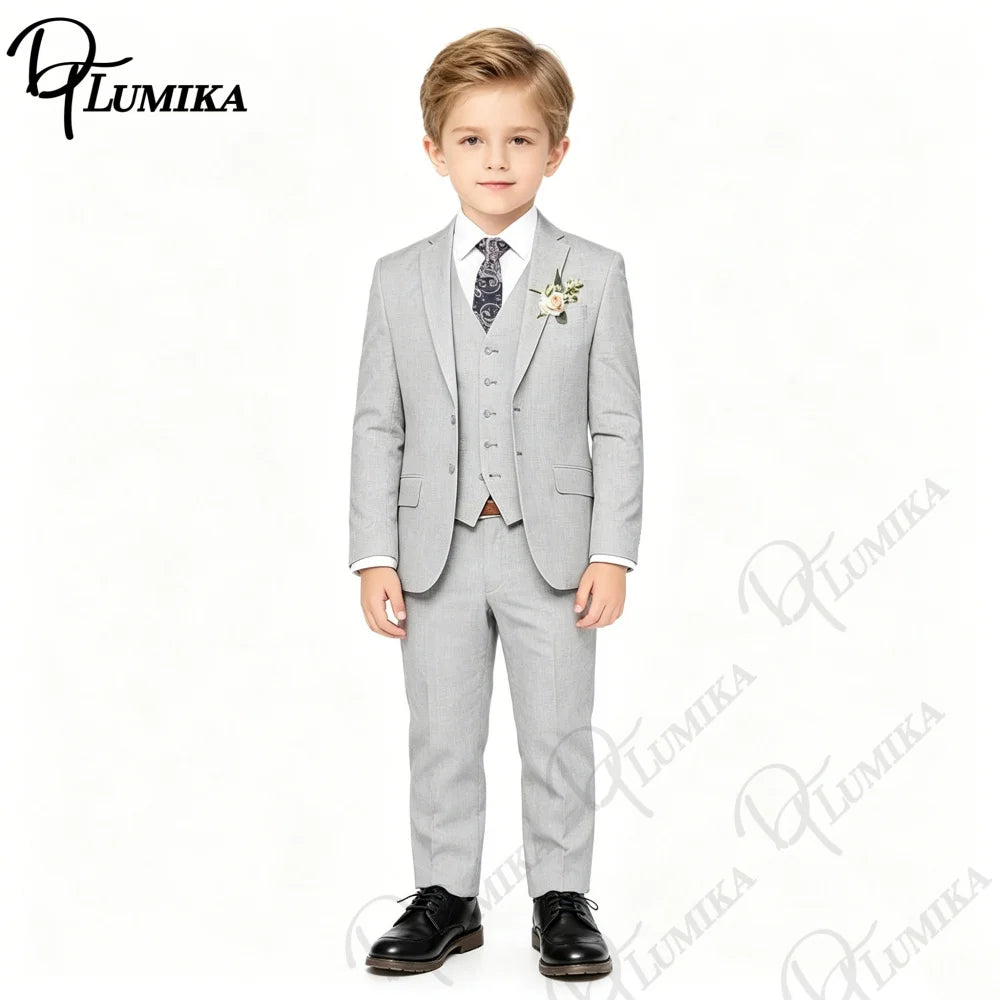Handsome Linen Boys Suit 4-Piece Set with Floral Bow Tie 2026 Classic Formal Blazer Vest Pants for Ring Bearer Wedding Party