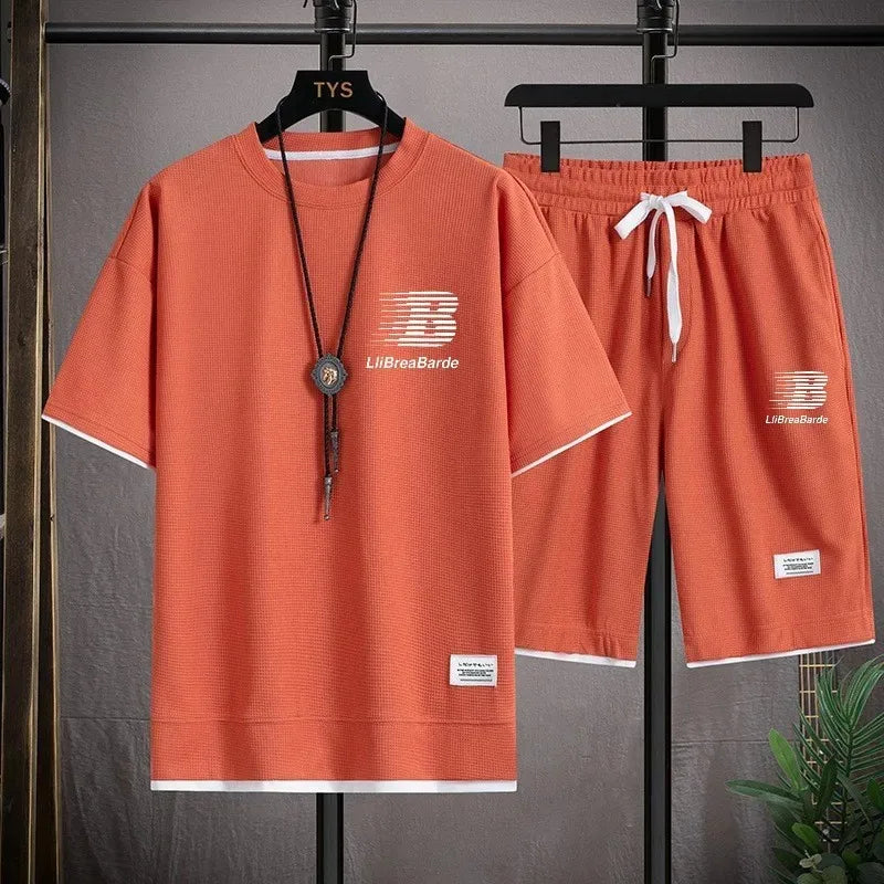 Summer Men Loose Tracksuit Set, Waffle Breathable T-shirt & Elastic Waist Shorts, Stylish Letter Print Daily Sport Outfit
