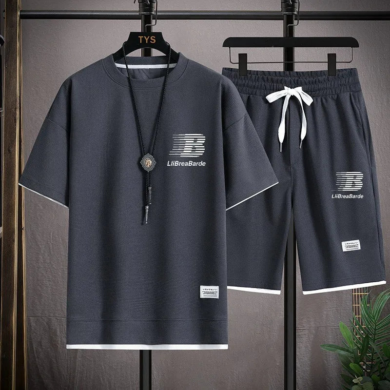 Summer Men Loose Tracksuit Set, Waffle Breathable T-shirt & Elastic Waist Shorts, Stylish Letter Print Daily Sport Outfit