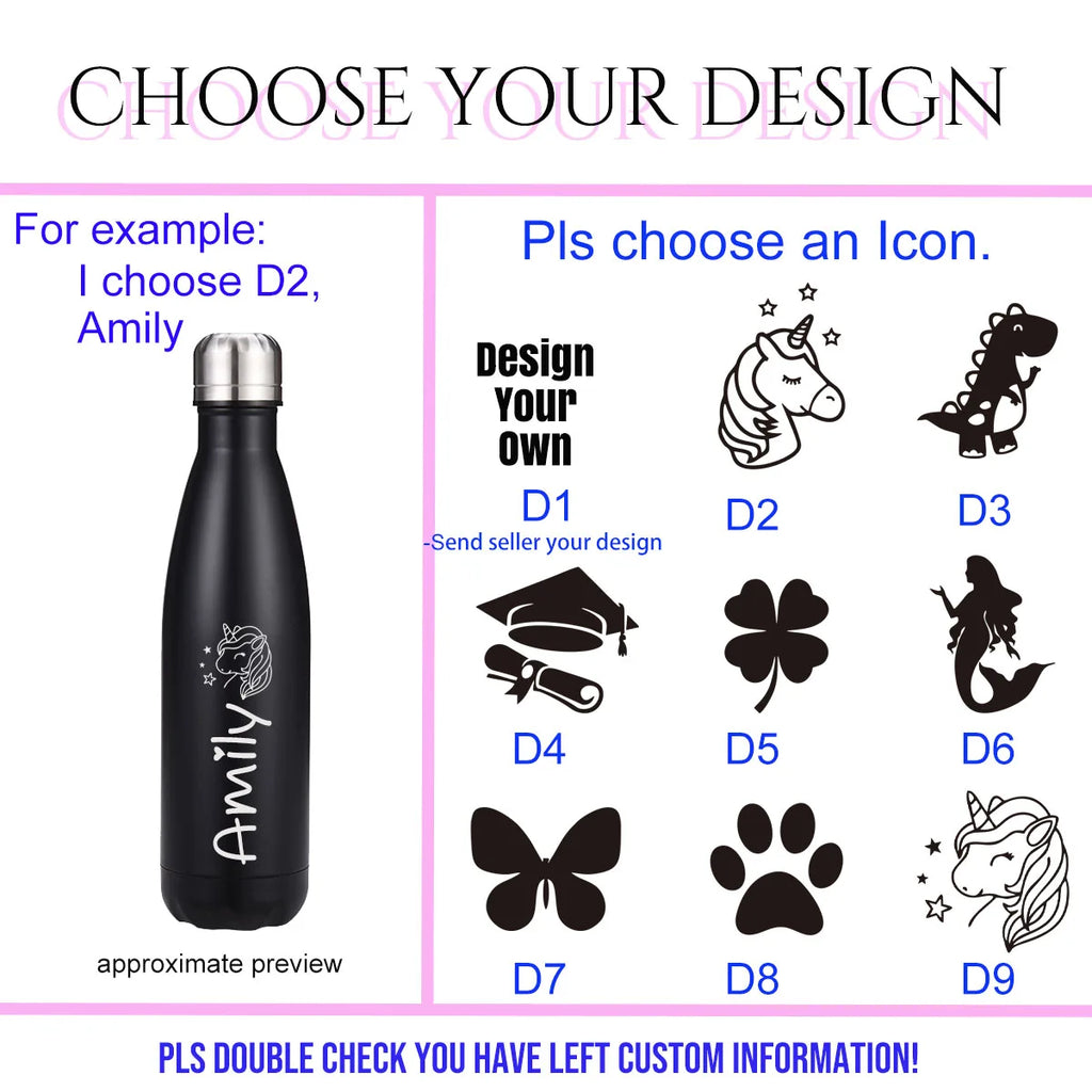 Personalized Kids Water Bottle with Name & Icon Kids Water Bottle - Back to School, Christmas & Birthday Gift for Boys & Girls