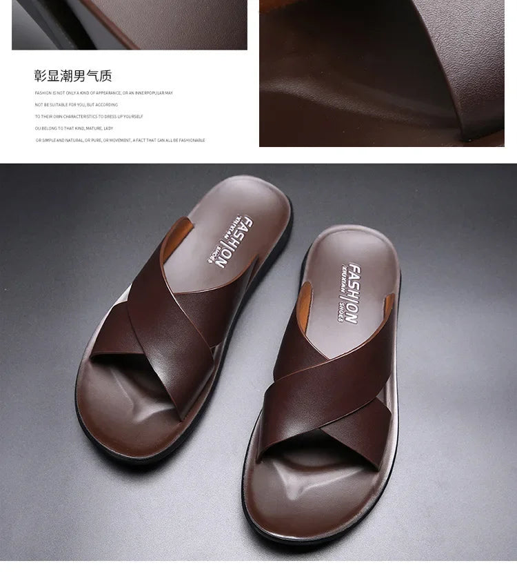 Sandals for Men Slippers Genuine Leather Luxury Brand Fashion  Men Flats Casual Non-slip Beach Sandalia Zapatos Hombre 2026