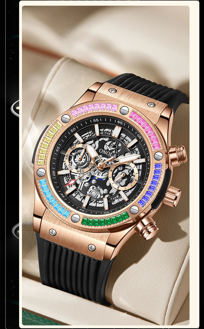 ONOLA Fashion Men's Watches Waterproof Rainbow Diamond Waterproof Date Sports Personalized Quartz Watch For Men