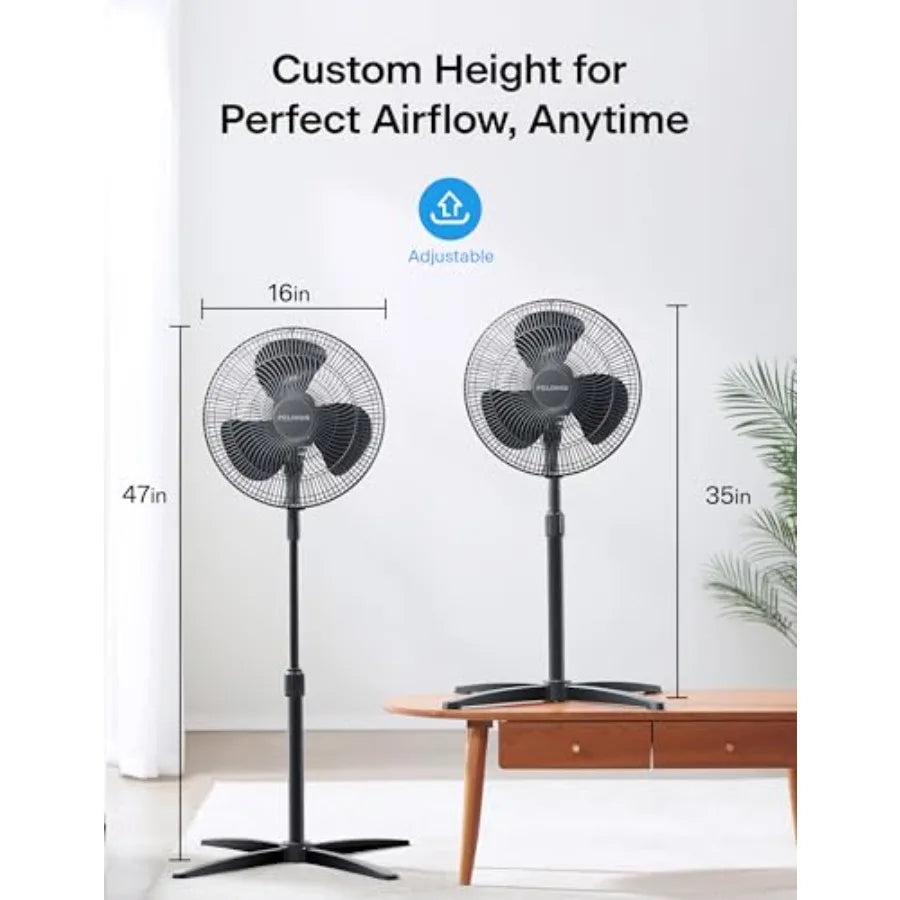 16 inch Pedestal Fan for Bedroom, Oscillating Fan, 3-Speeds, 90° Oscillation, Adjustable Height, Floor Fan, Standing Fan for Li