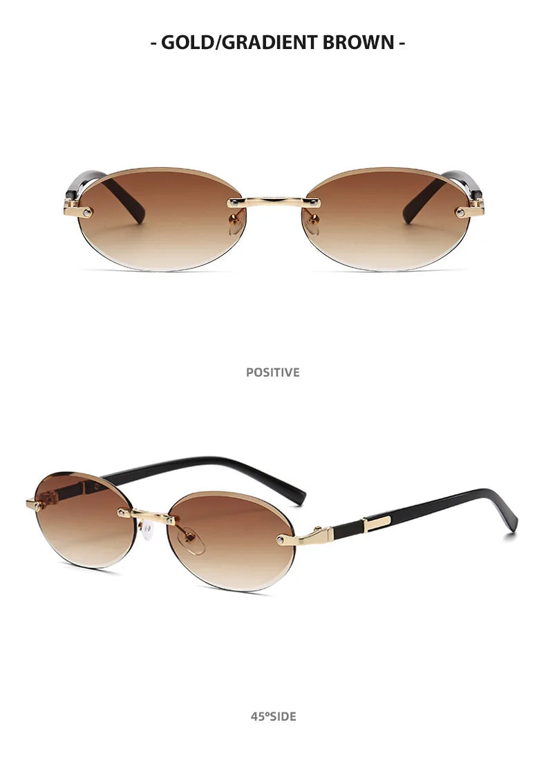 Popular Women Men Shades Oval Sun Glasses for Woman Man Summer Traveling UV400 Rimless Sunglasses Round Fashion Gafas De Sol