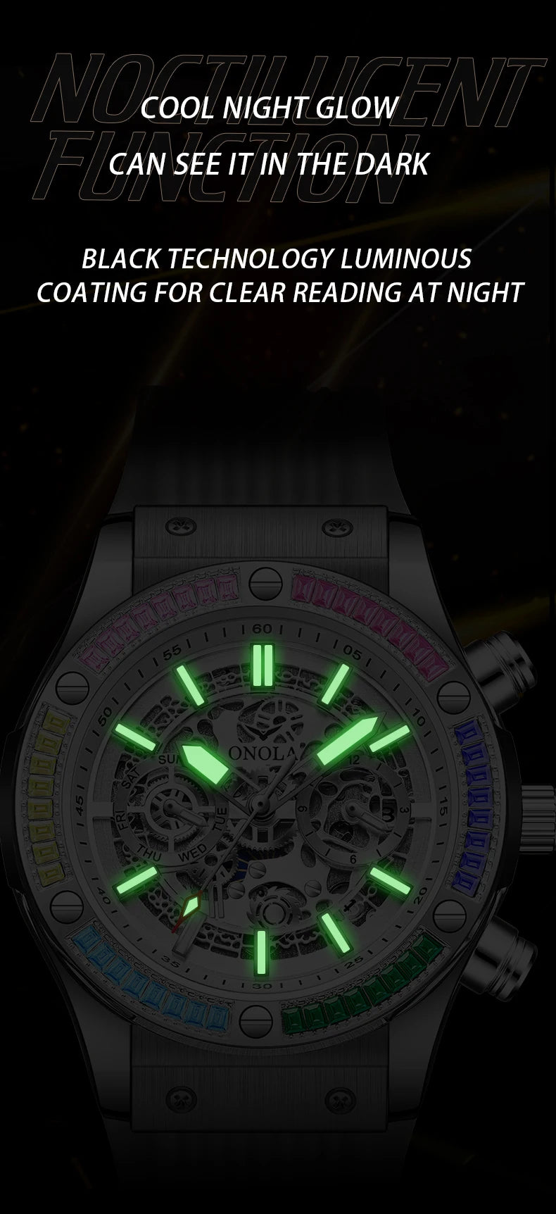 ONOLA Fashion Men's Watches Waterproof Rainbow Diamond Waterproof Date Sports Personalized Quartz Watch For Men