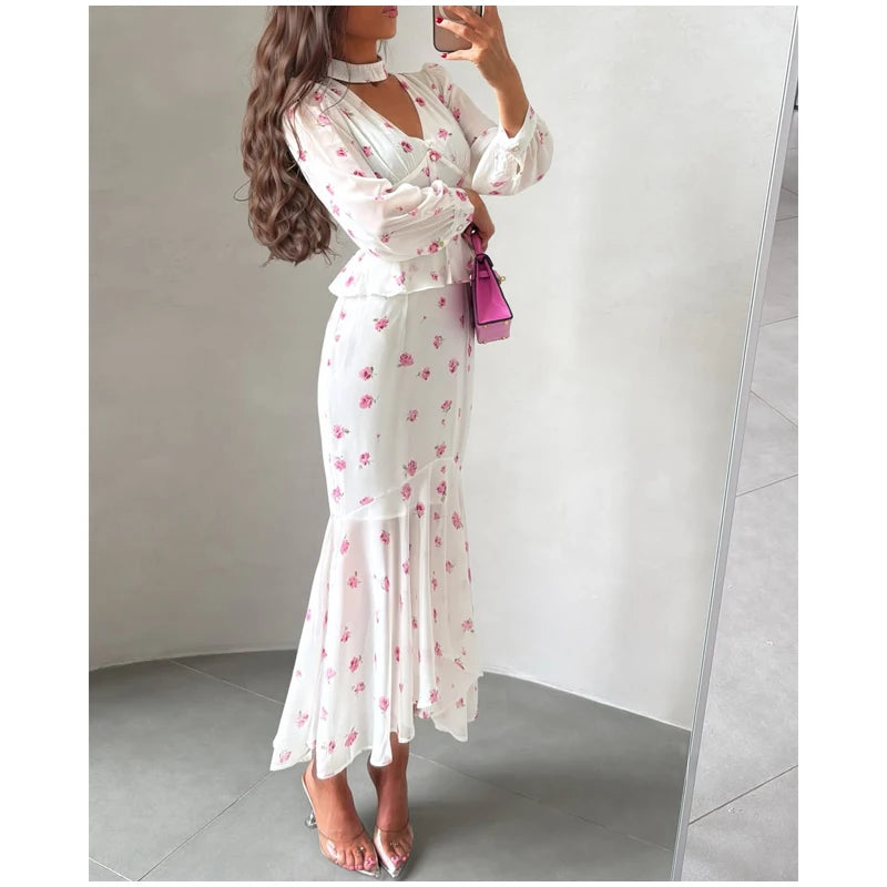 Women Elegant Printed V-neck Dress Chic Lapel Waist Cinched Pleated High Waisted Dresses 2026 Summer New Lady Vacation Gowns