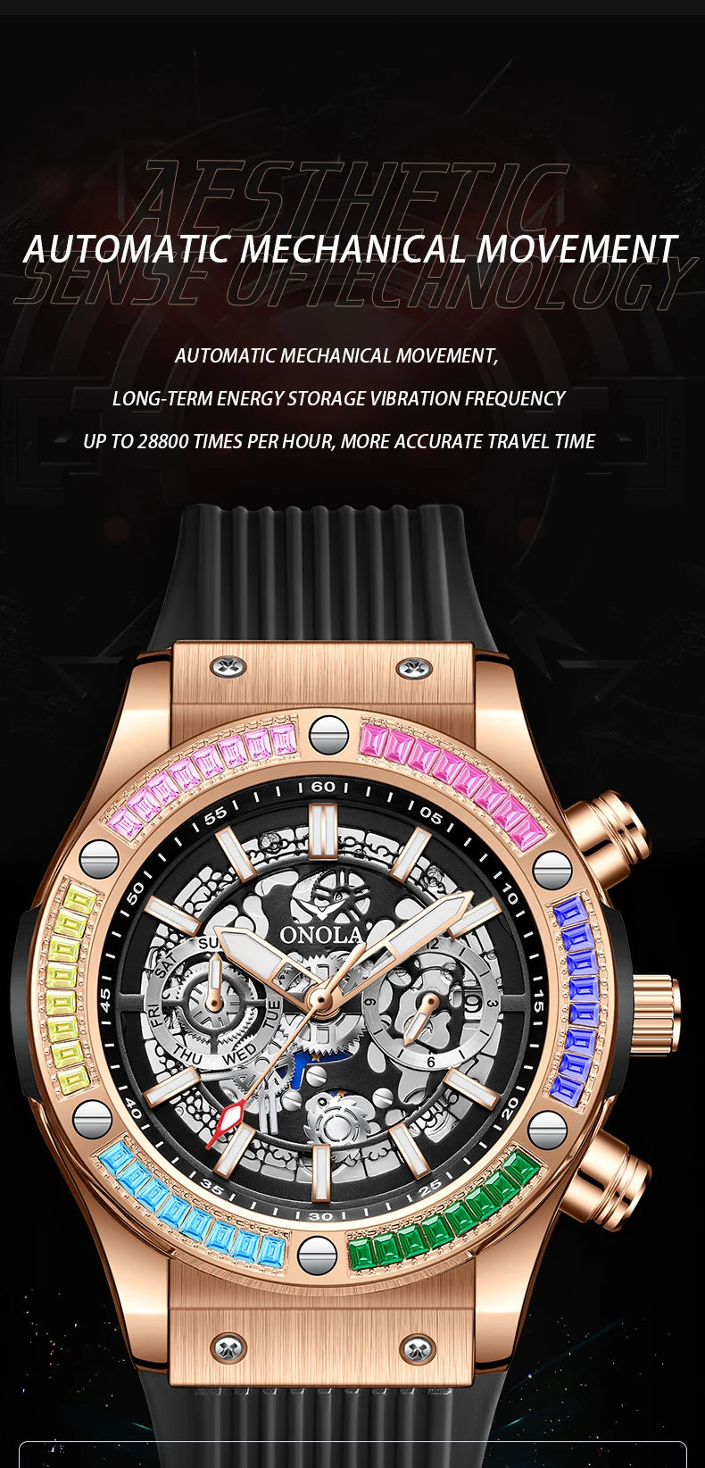 ONOLA Fashion Men's Watches Waterproof Rainbow Diamond Waterproof Date Sports Personalized Quartz Watch For Men