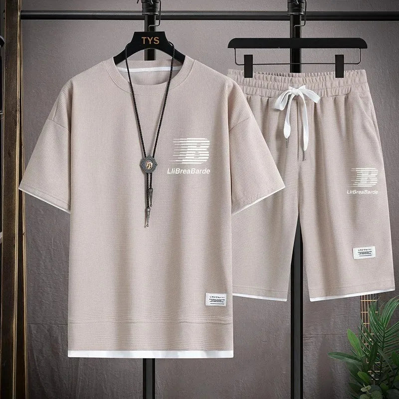 Summer Men Loose Tracksuit Set, Waffle Breathable T-shirt & Elastic Waist Shorts, Stylish Letter Print Daily Sport Outfit