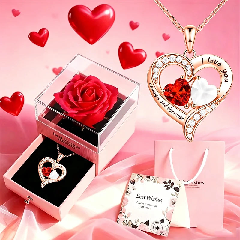 Pink Romantic Valentine'S Day Date Small Gift Necklace Faux Flower Gift Box Mother'S Day Gift for Birthday Present, Party Gift