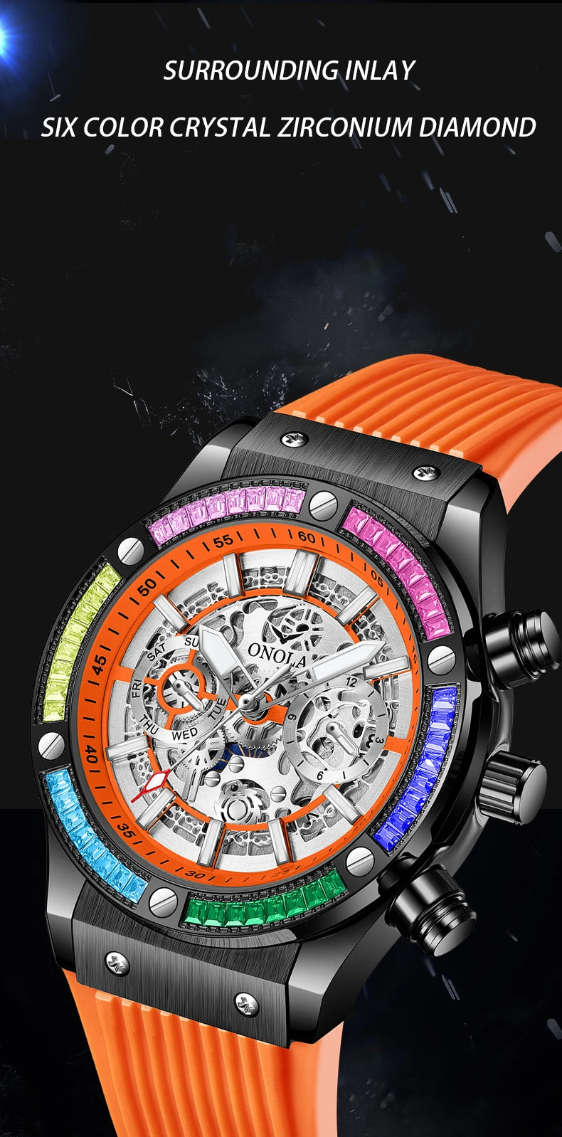 ONOLA Fashion Men's Watches Waterproof Rainbow Diamond Waterproof Date Sports Personalized Quartz Watch For Men